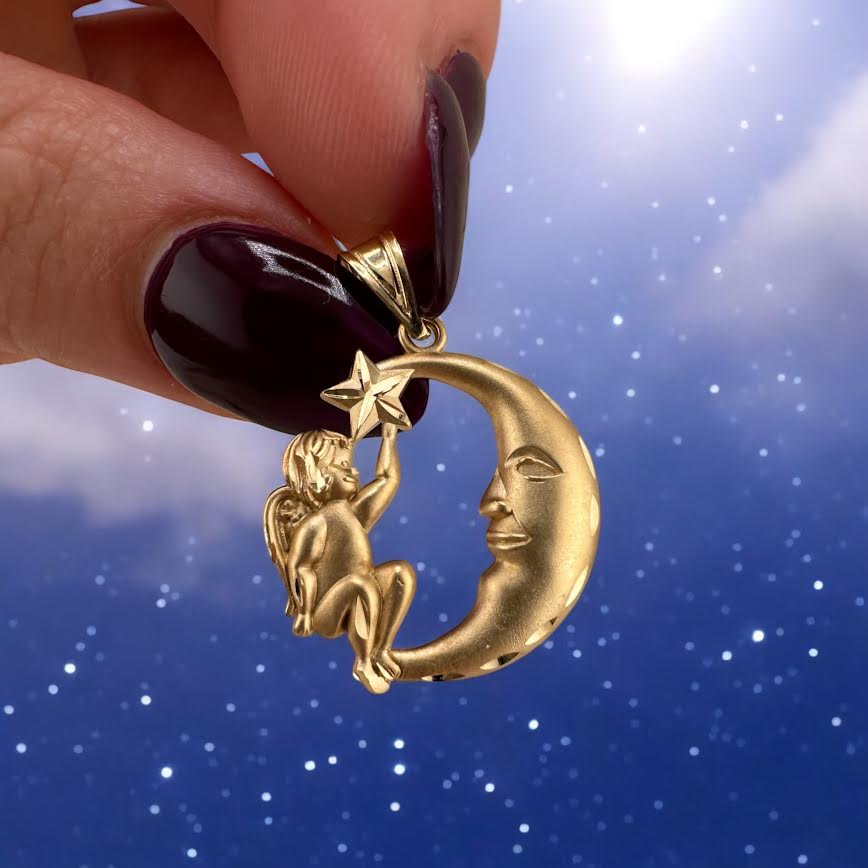 Vintage 14 Karat Yellow Gold Sitting Angel On A Crescent Moon Pendant Charm