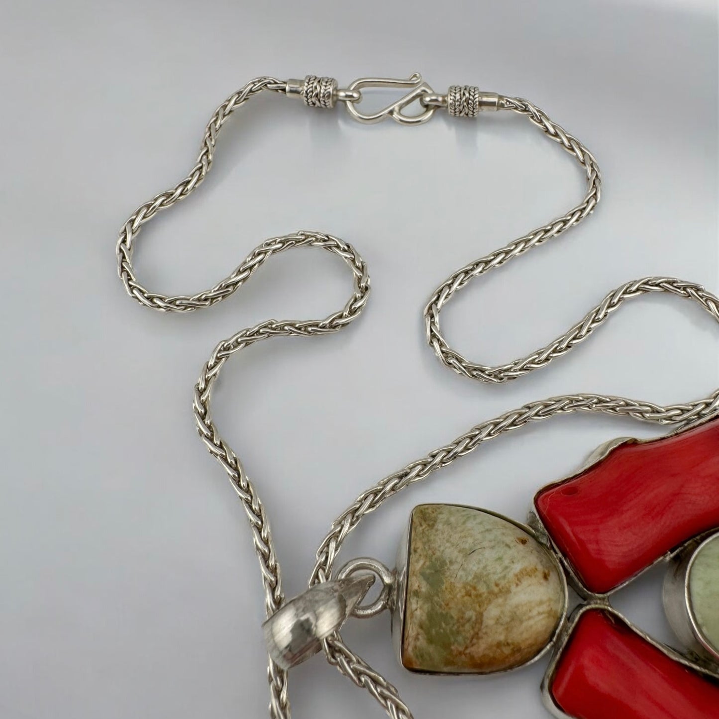 Vintage Sterling Silver Red Coral & Green Agate Handmade Pendant on 18" 2.4 mm Silver Wheat Chain, Artisan Summer Coastal Charm Jewelry