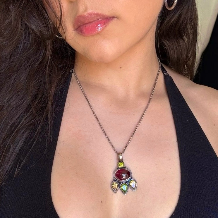 Vintage 925 Sterling Silver Bezel Set Rhodolite Garnet, Citrine, and Peridot Statement Pendant Necklace