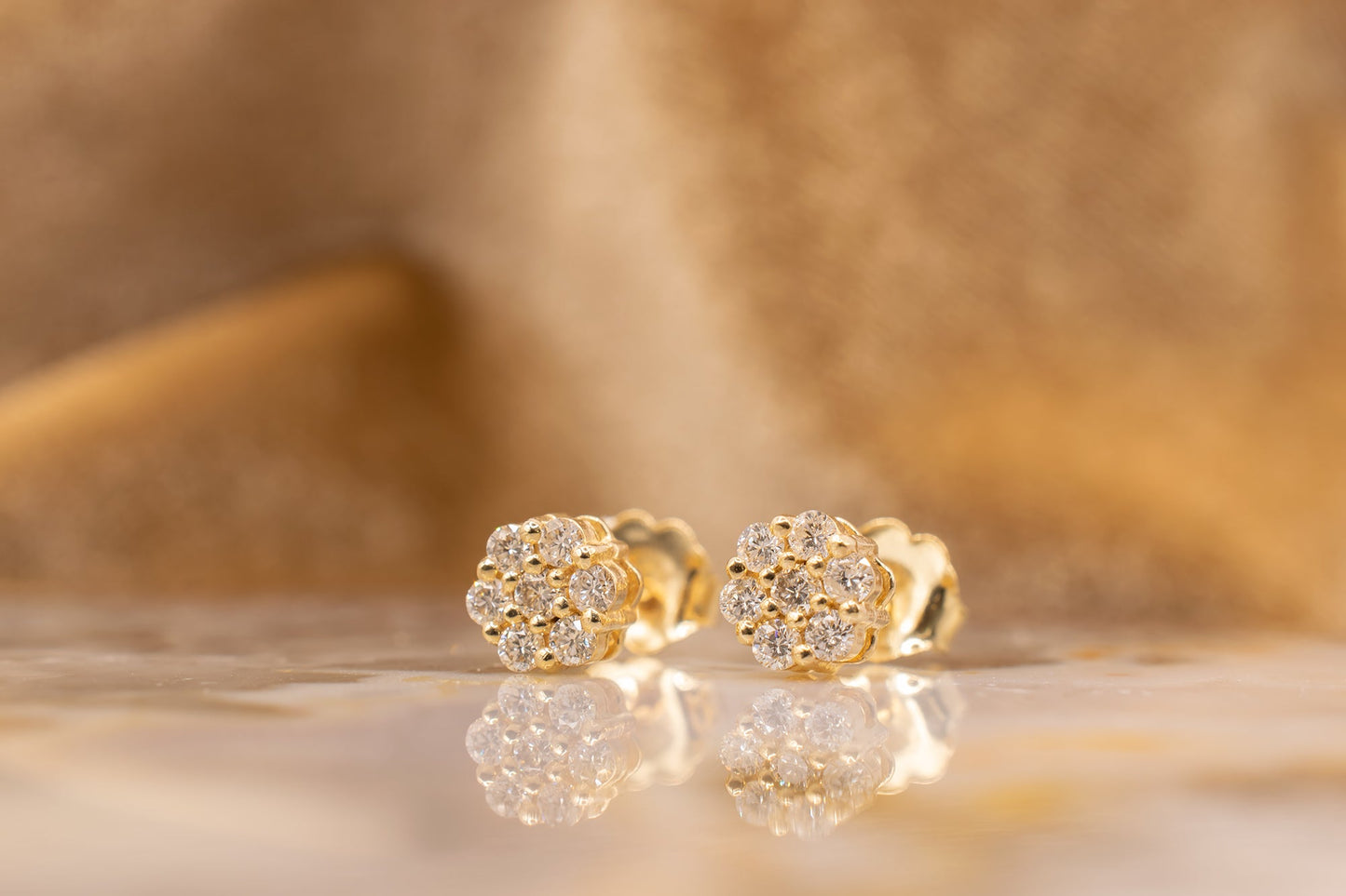 14k Yellow Gold Diamond Flower Cluster Stud Earrings