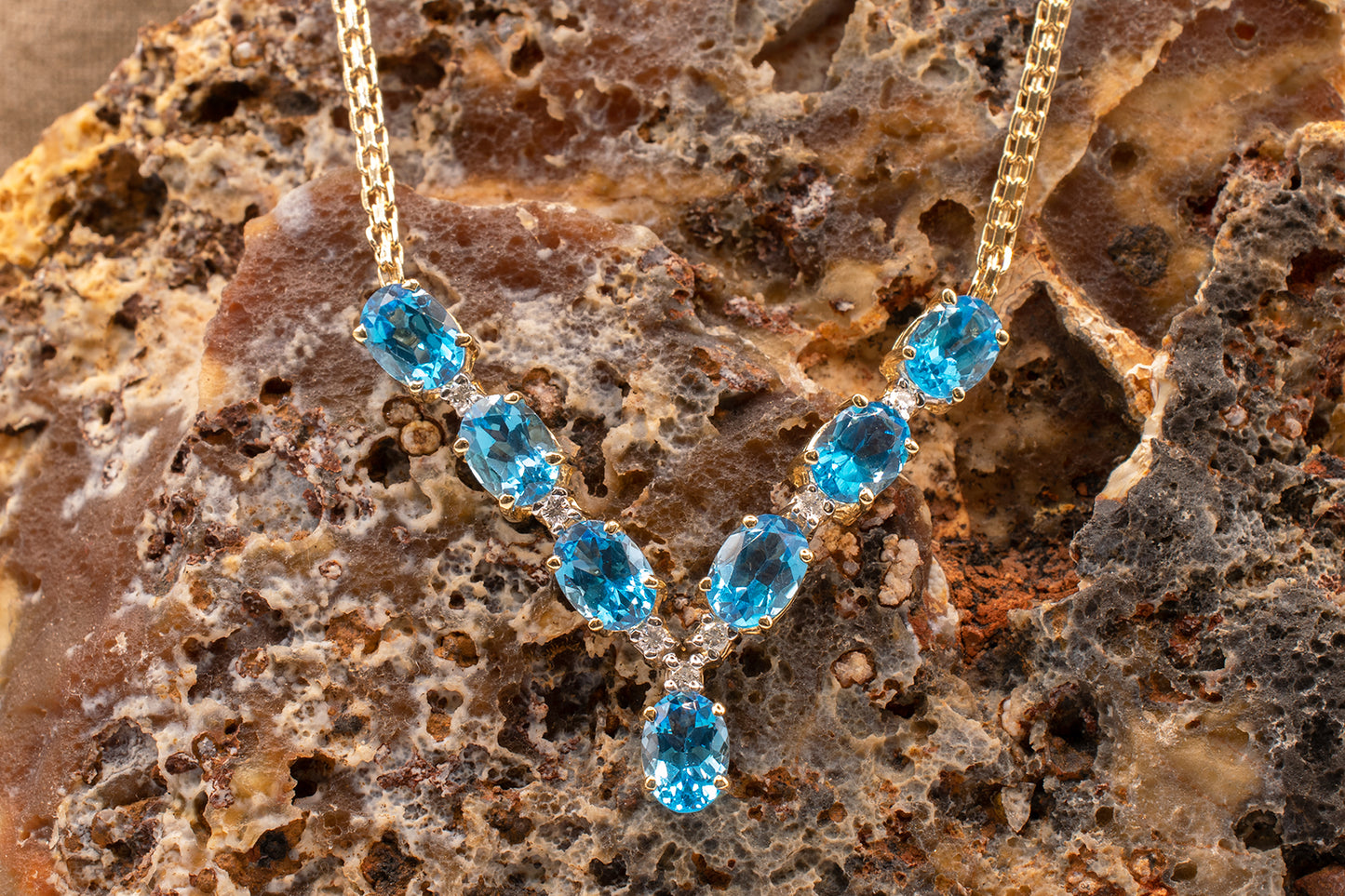 Vintage 14k Yellow Gold Oval Shape Swiss Blue Topaz and Diamond "V" Design Necklace 15 1/2 Inches