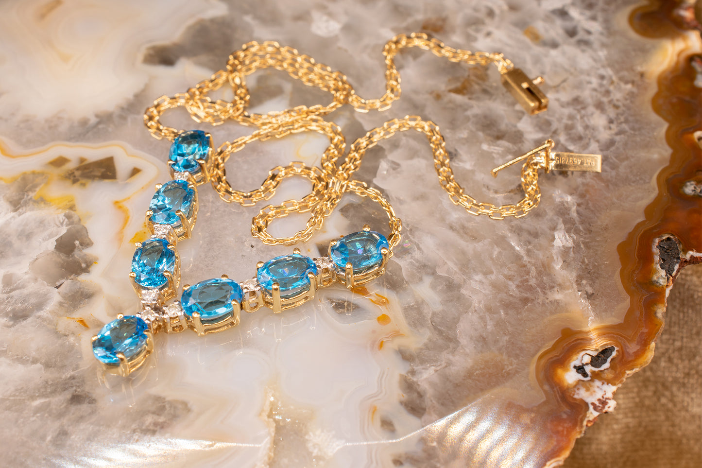 Vintage 14k Yellow Gold Oval Shape Swiss Blue Topaz and Diamond "V" Design Necklace 15 1/2 Inches