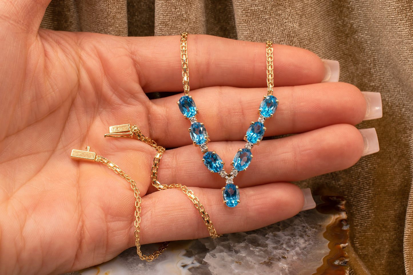 Vintage 14k Yellow Gold Oval Shape Swiss Blue Topaz and Diamond "V" Design Necklace 15 1/2 Inches