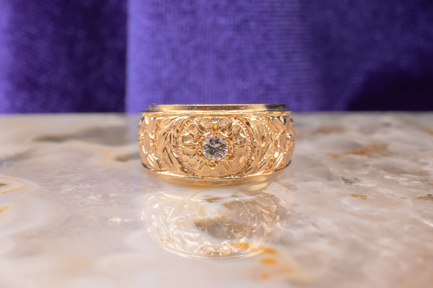 Vintage Estate 14k Yellow Gold Carved Floral Design Diamond Ring/Pinky Ring