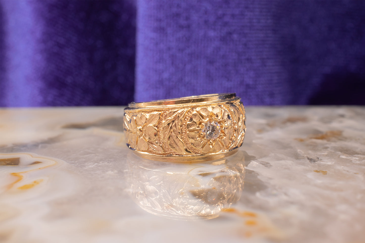 Vintage Estate 14k Yellow Gold Carved Floral Design Diamond Ring/Pinky Ring