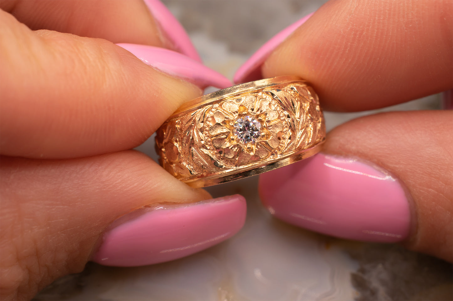 Vintage Estate 14k Yellow Gold Carved Floral Design Diamond Ring/Pinky Ring