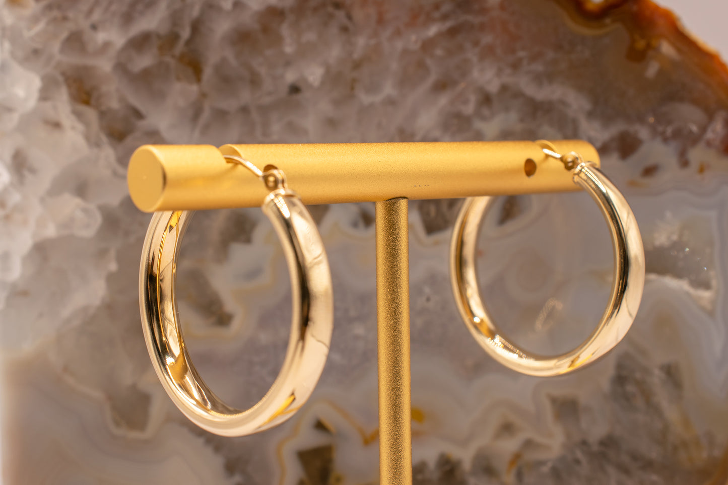 Vintage Estate 14k Yellow Gold High Polish 1 Inch Flat Edge Hoop Latch Back Earrings