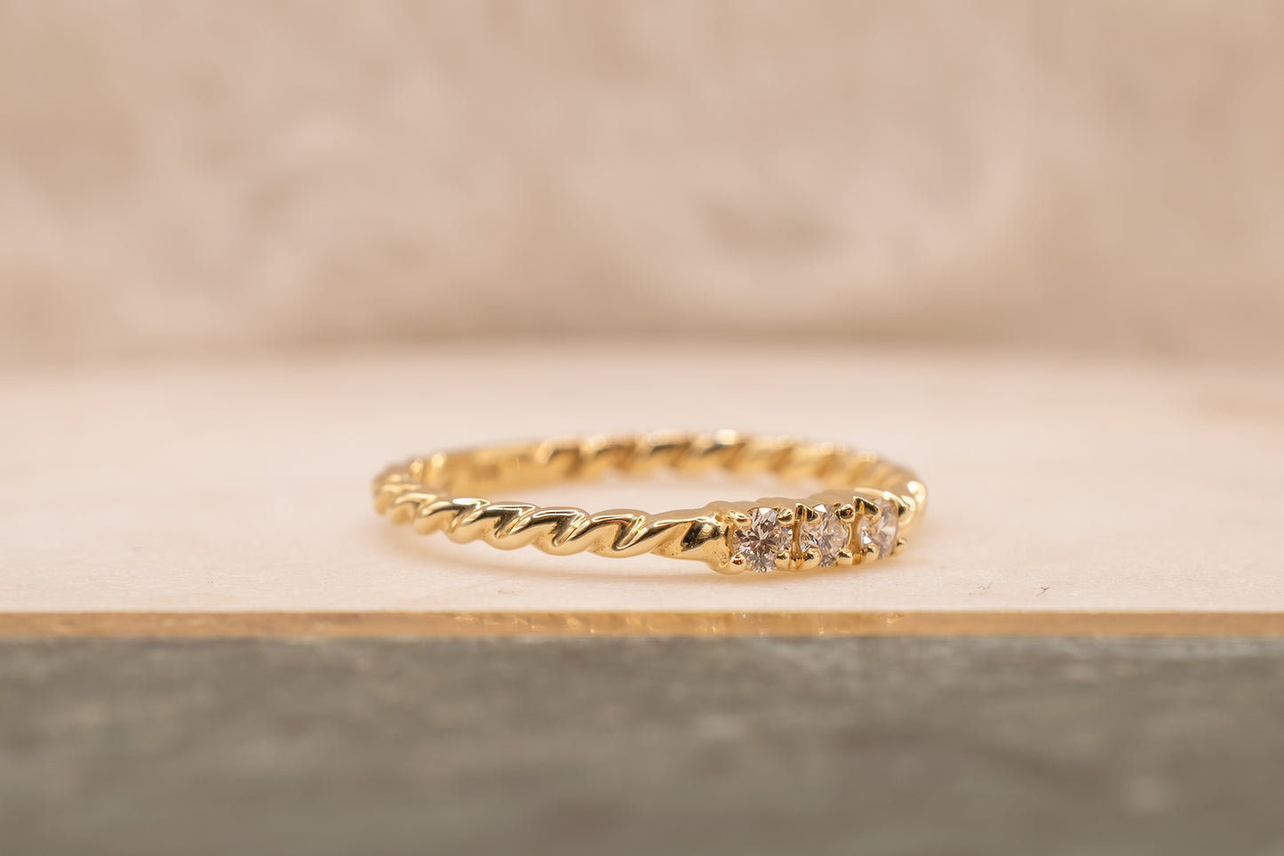 14k Yellow Gold Rope Design Three Stone Diamond Band