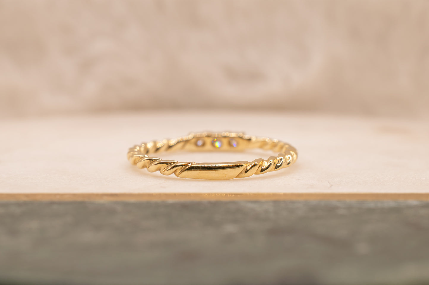 14k Yellow Gold Rope Design Three Stone Diamond Band