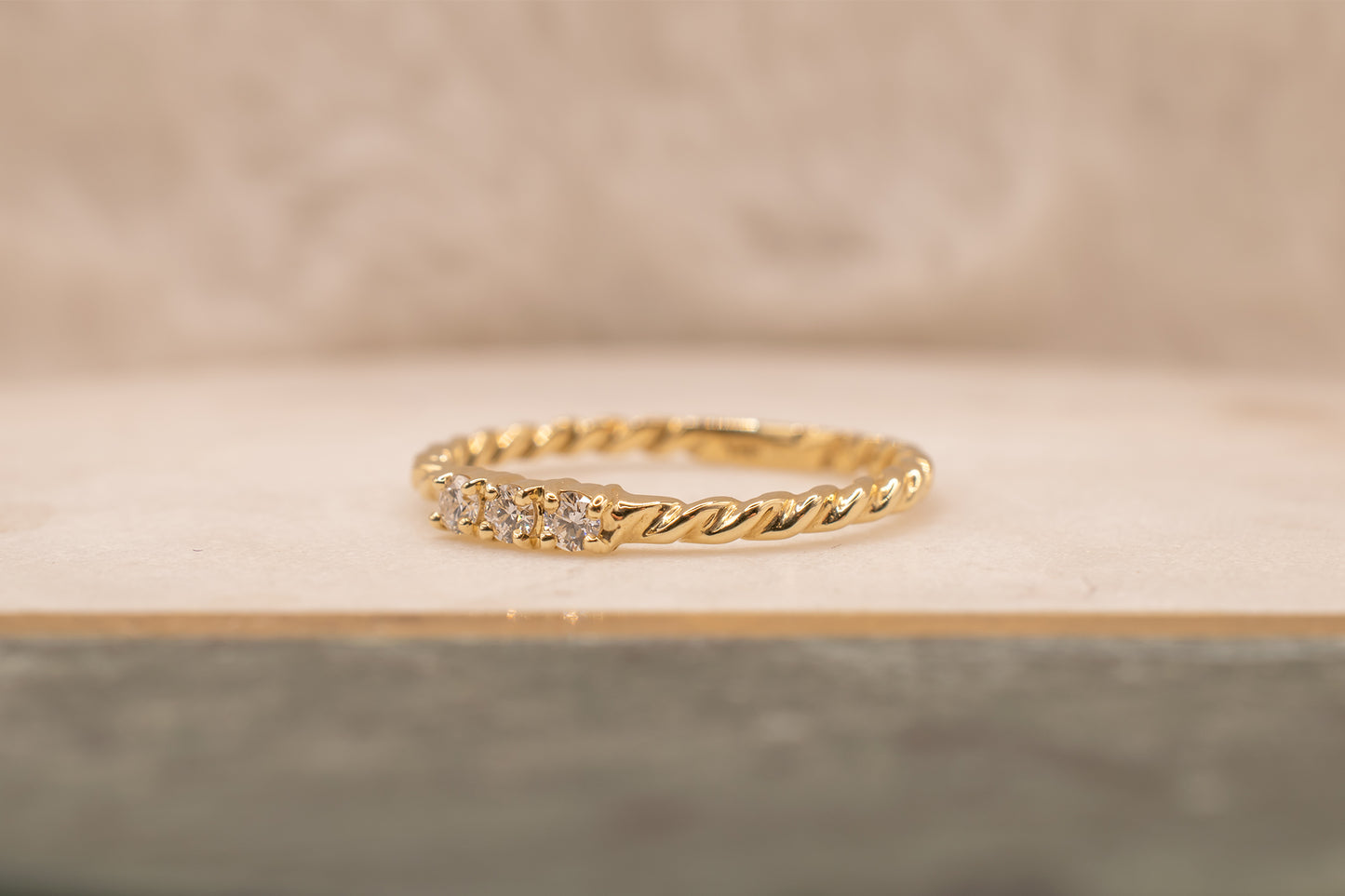 14k Yellow Gold Rope Design Three Stone Diamond Band