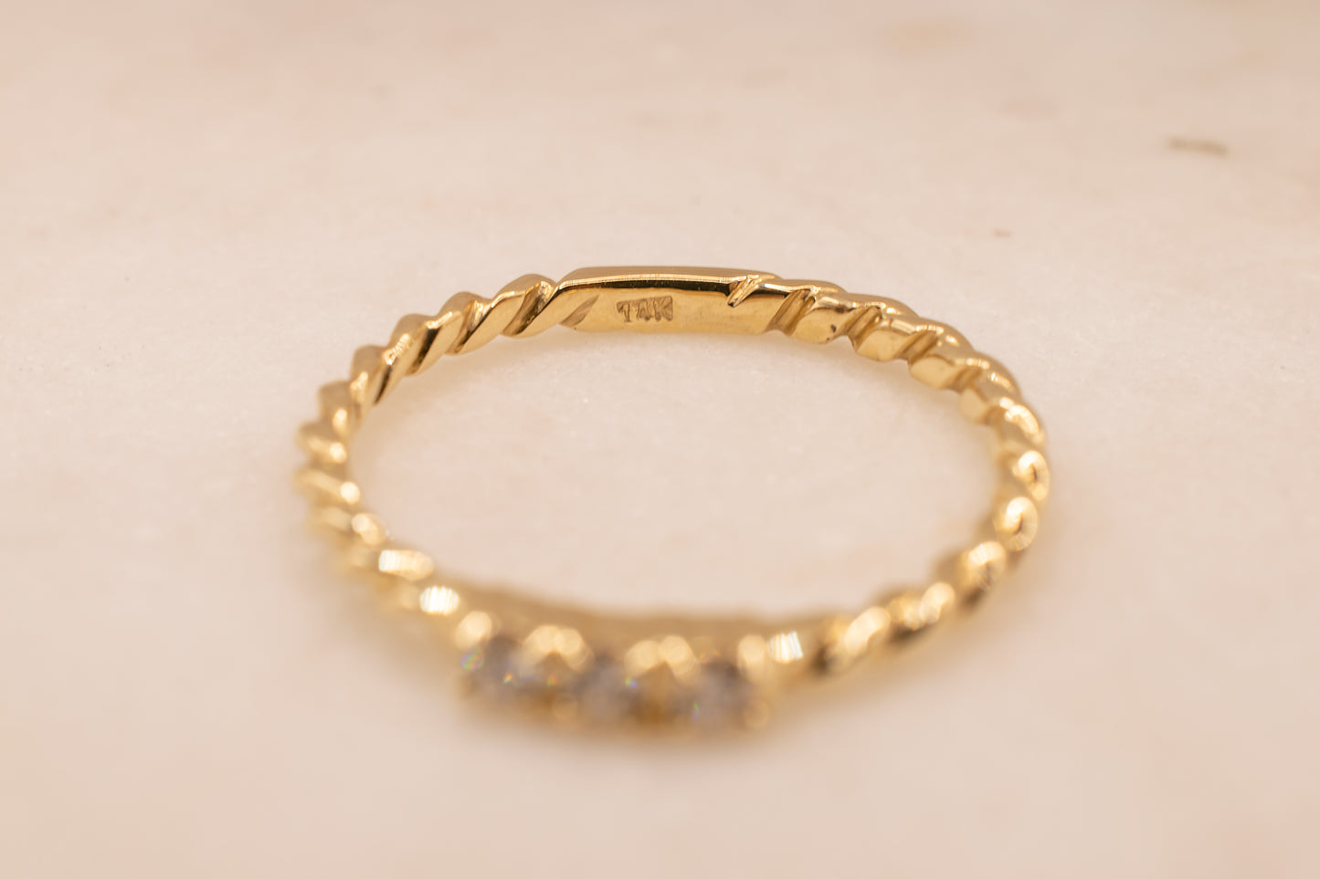 14k Yellow Gold Rope Design Three Stone Diamond Band