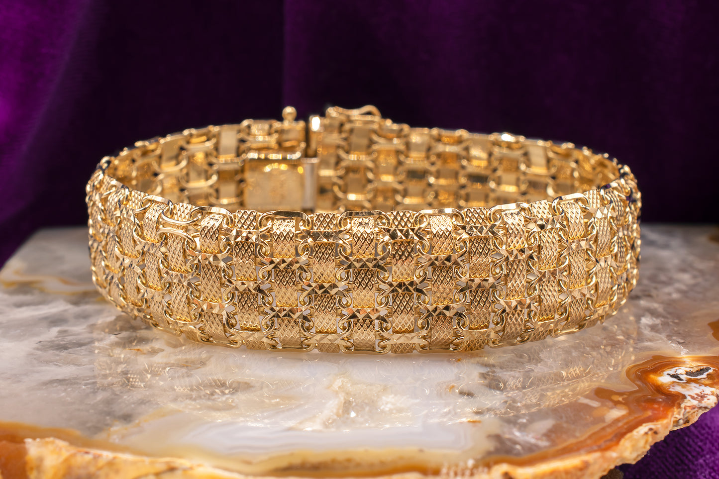 Vintage Estate Chunky 14k Yellow Gold Woven Bracelet with Lattice Design 7 Inches