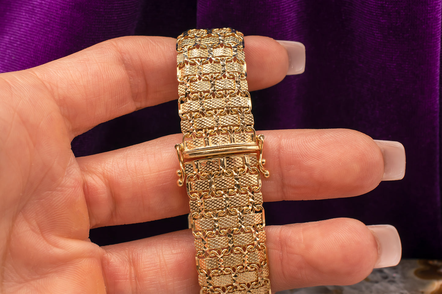 Vintage Estate Chunky 14k Yellow Gold Woven Bracelet with Lattice Design 7 Inches