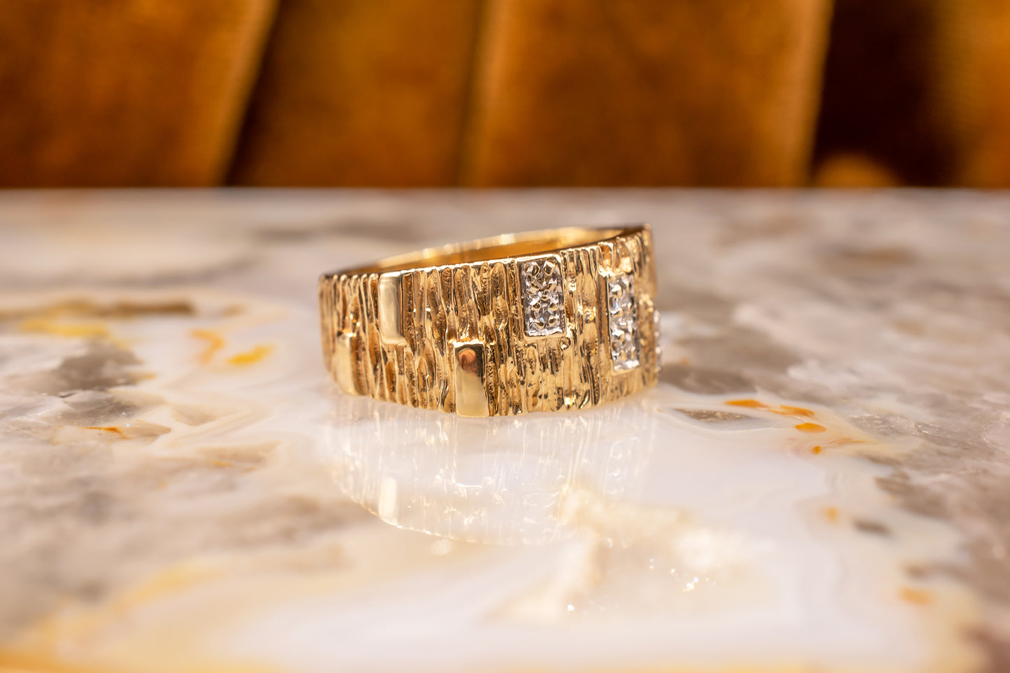 Retro Vintage 14K Yellow Gold Diamond Bamboo Style Ring Size 5