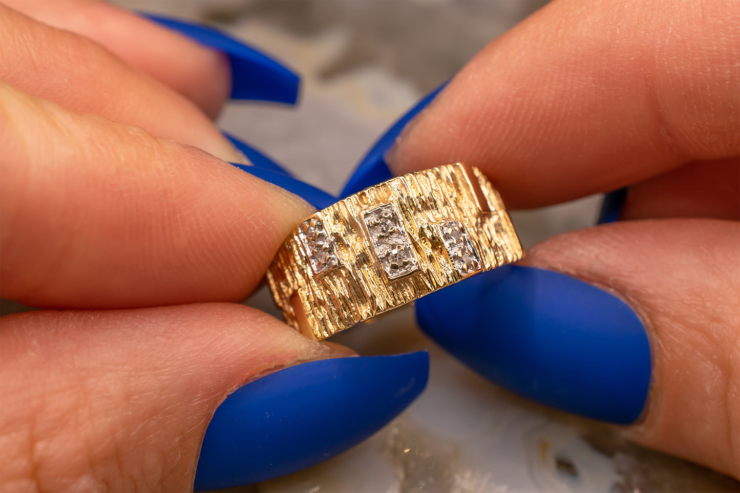 Retro Vintage 14K Yellow Gold Diamond Bamboo Style Ring Size 5