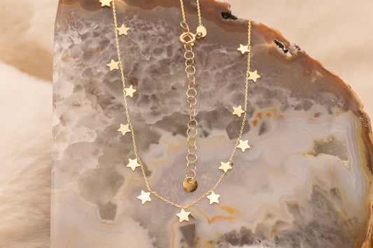 Dainty 14 Karat Yellow Gold Adjustable Length Dangling Star Layering Necklace