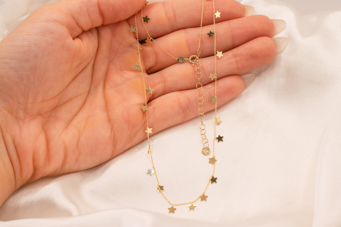 Dainty 14 Karat Yellow Gold Adjustable Length Dangling Star Layering Necklace