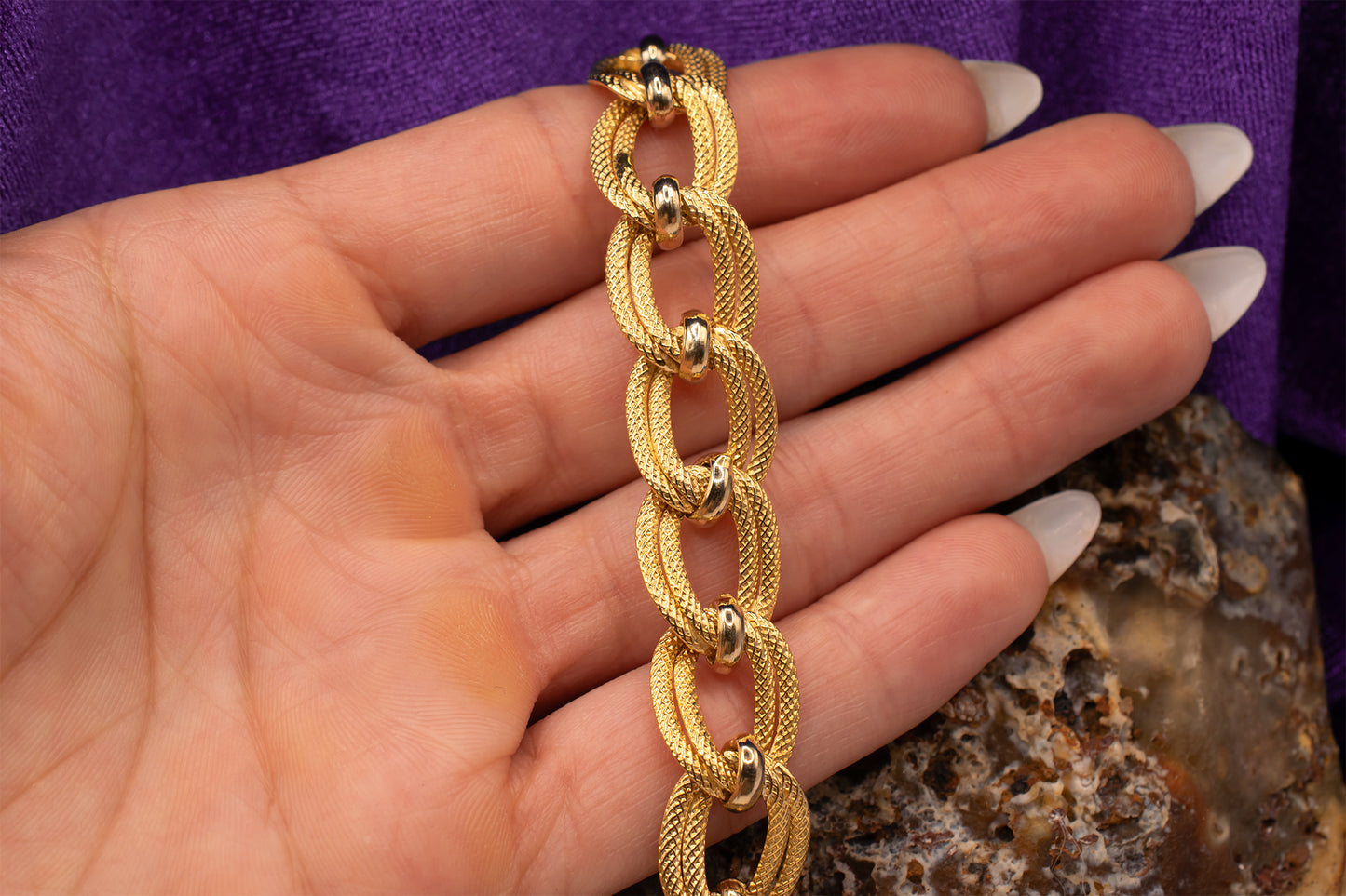 Vintage 18K Yellow Gold Lattice Cut Design Oval Link Bracelet 7 Inches