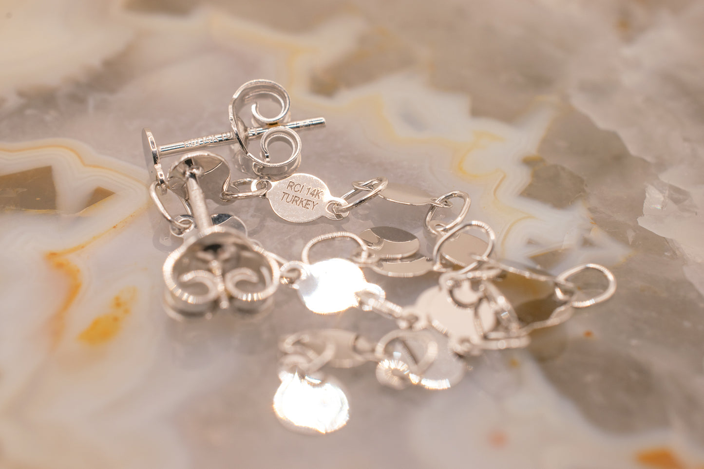 14 Karat White Gold Reflective Mirror Dangling Two Inch Drop Earrings