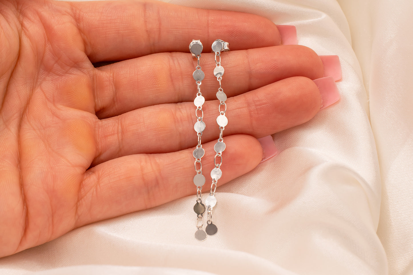 14 Karat White Gold Reflective Mirror Dangling Two Inch Drop Earrings