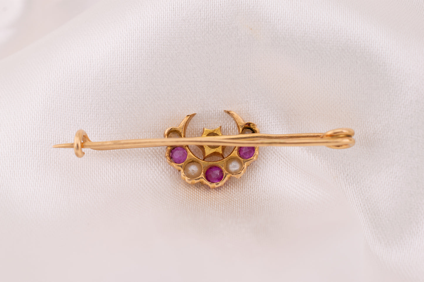 Antique 15kt Yellow Gold Crescent Moon And Star Old Mine Cut Ruby & Seed Pearl Brooch