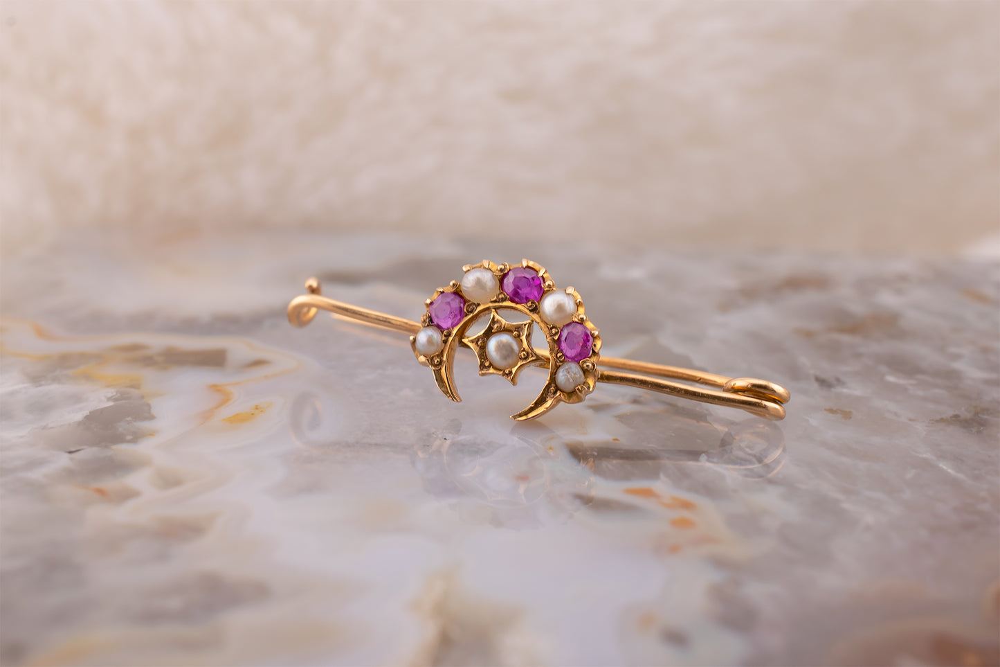 Antique 15kt Yellow Gold Crescent Moon And Star Old Mine Cut Ruby & Seed Pearl Brooch