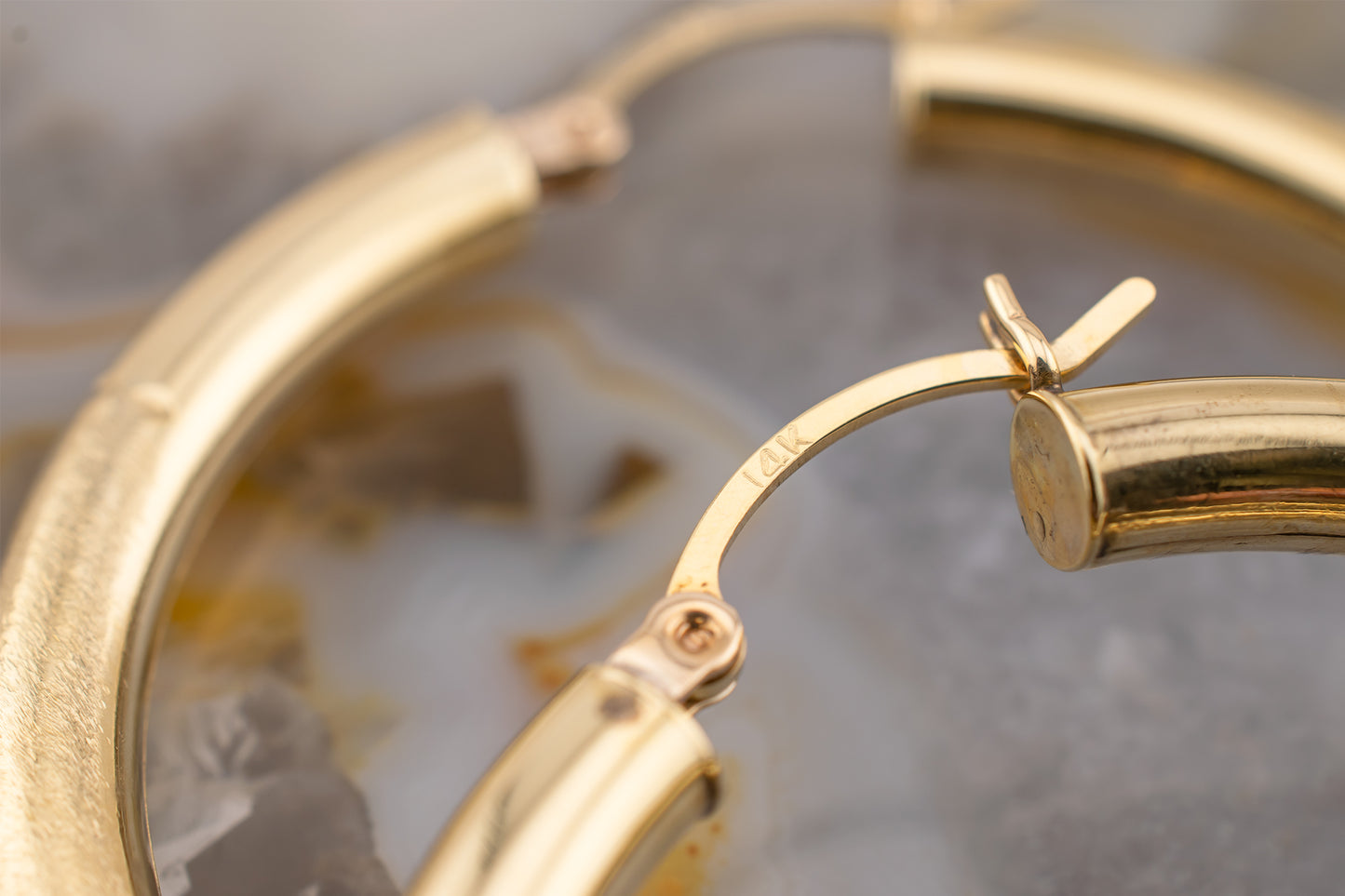 90s Vintage 14 Karat Yellow Gold Diamond Cut, Brushed Finish, High Polish Hoop Earrings 41mm