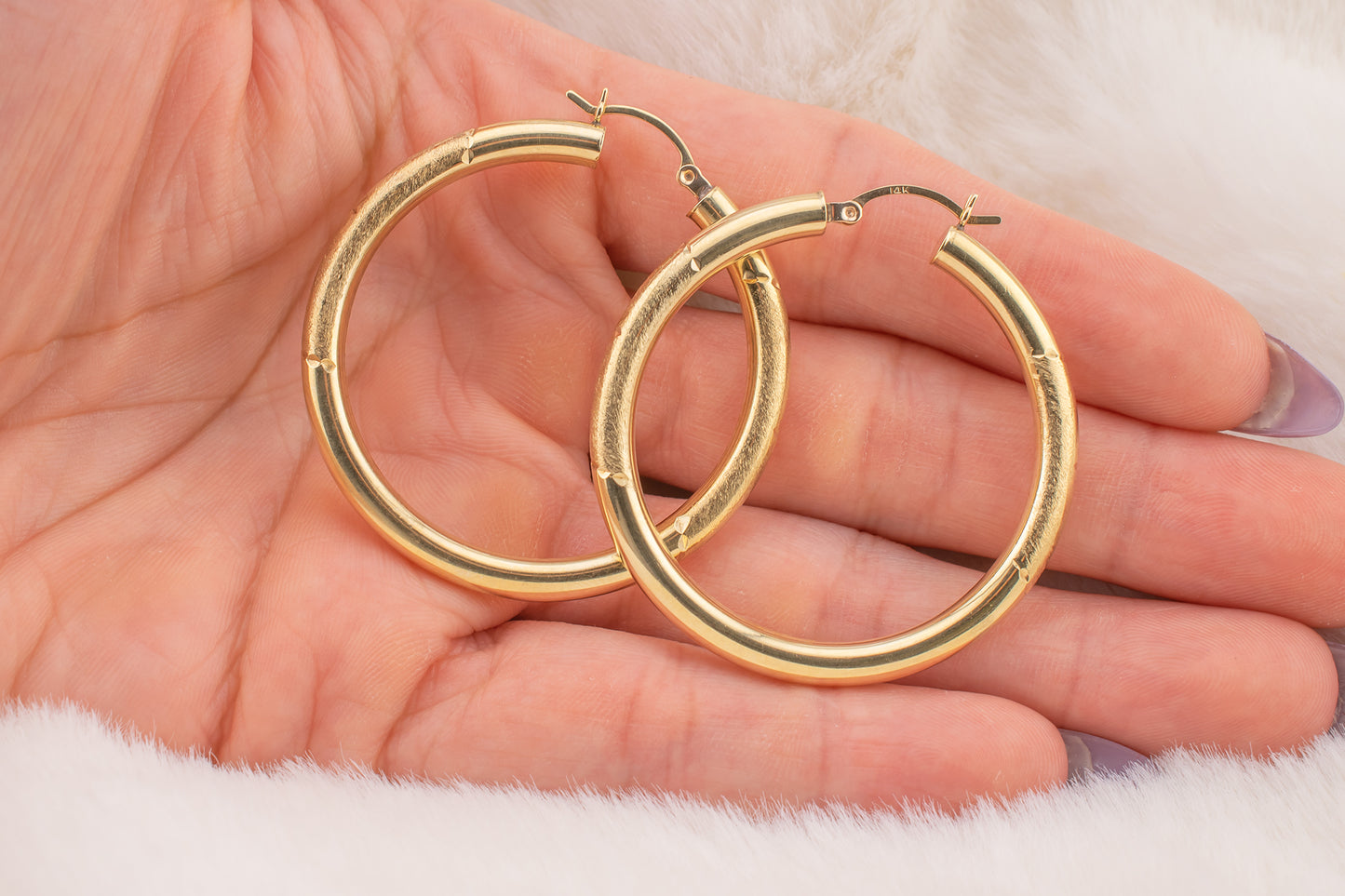 90s Vintage 14 Karat Yellow Gold Diamond Cut, Brushed Finish, High Polish Hoop Earrings 41mm