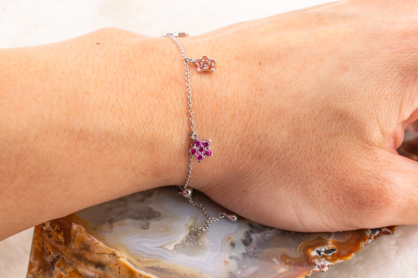 14 Karat White Gold Natural Multi Gemstone Blue Sapphire, Yellow Sapphire, Orange Sapphire, Ruby And Tsavorite Garnet Rainbow Star Bracelet