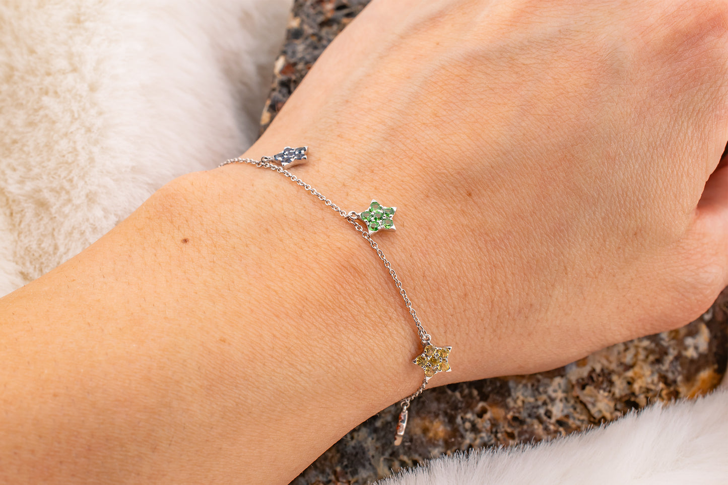 14 Karat White Gold Natural Multi Gemstone Blue Sapphire, Yellow Sapphire, Orange Sapphire, Ruby And Tsavorite Garnet Rainbow Star Bracelet