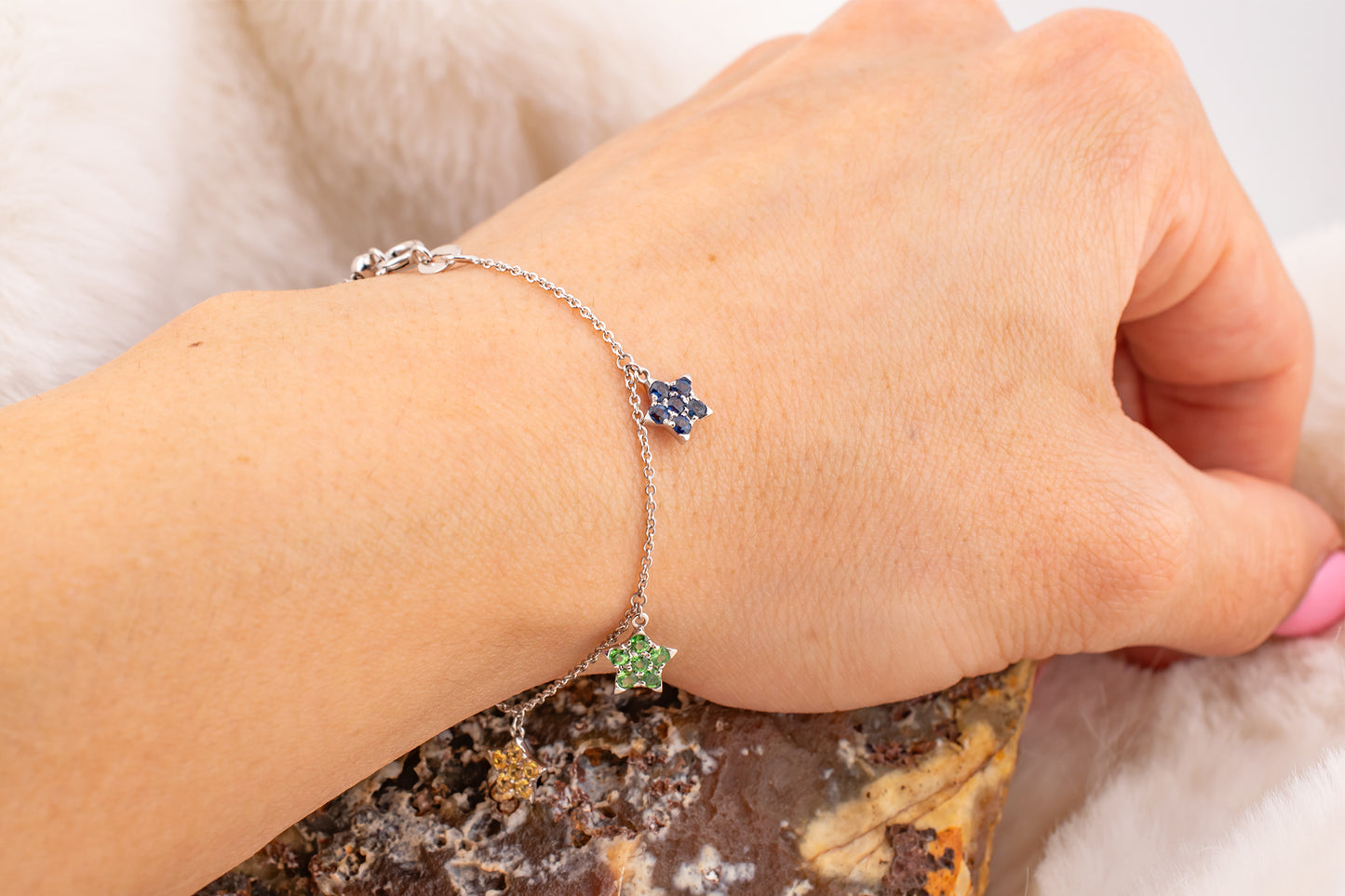 14 Karat White Gold Natural Multi Gemstone Blue Sapphire, Yellow Sapphire, Orange Sapphire, Ruby And Tsavorite Garnet Rainbow Star Bracelet
