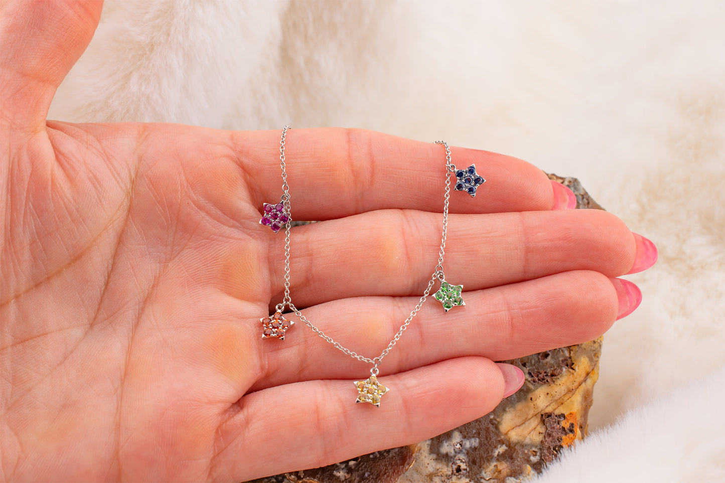 14 Karat White Gold Natural Multi Gemstone Blue Sapphire, Yellow Sapphire, Orange Sapphire, Ruby And Tsavorite Garnet Rainbow Star Bracelet