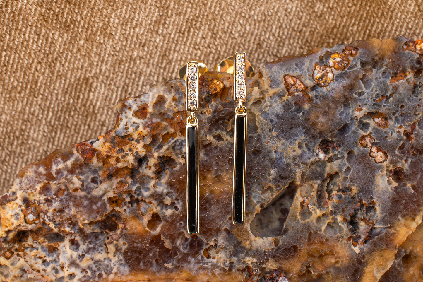 14K Yellow Gold Diamond & Black Enamel Bar Dangle Earrings
