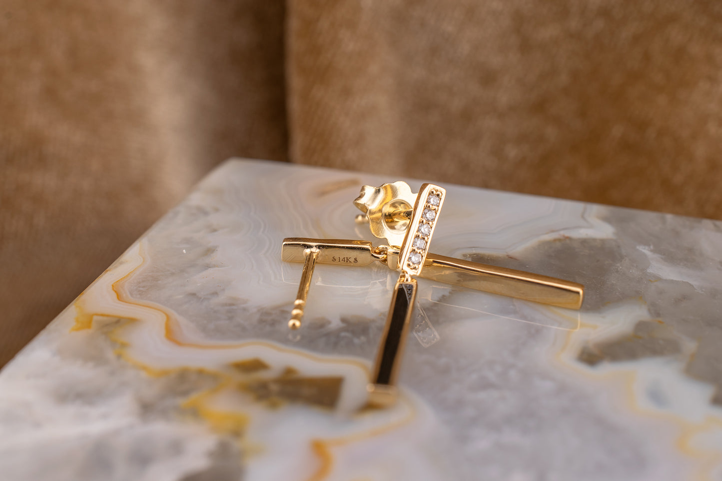 14K Yellow Gold Diamond & Black Enamel Bar Dangle Earrings
