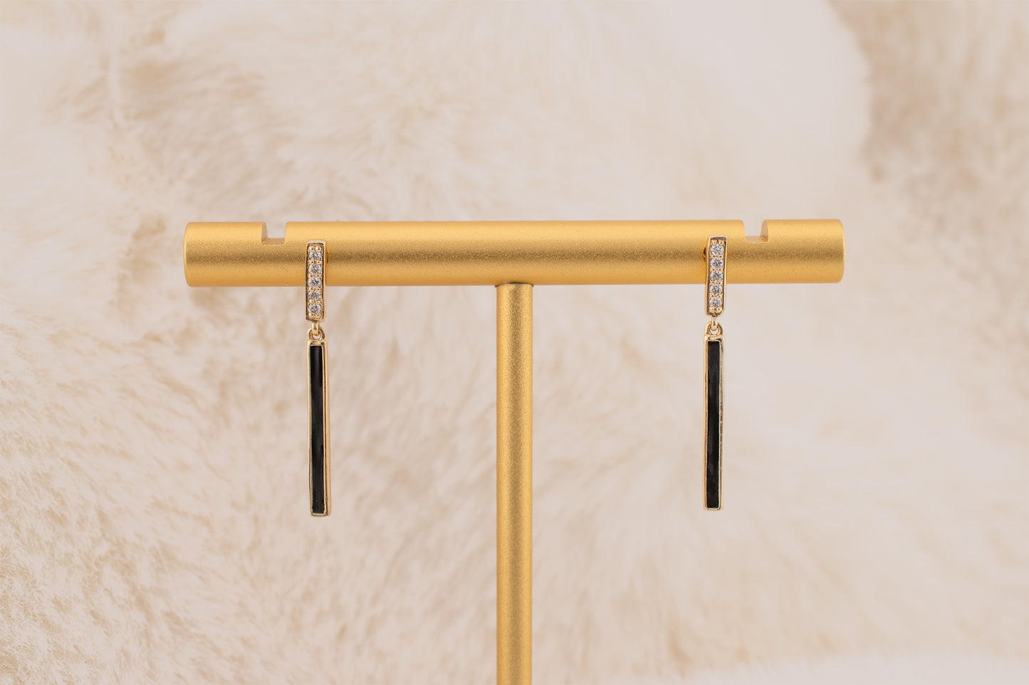 14K Yellow Gold Diamond & Black Enamel Bar Dangle Earrings