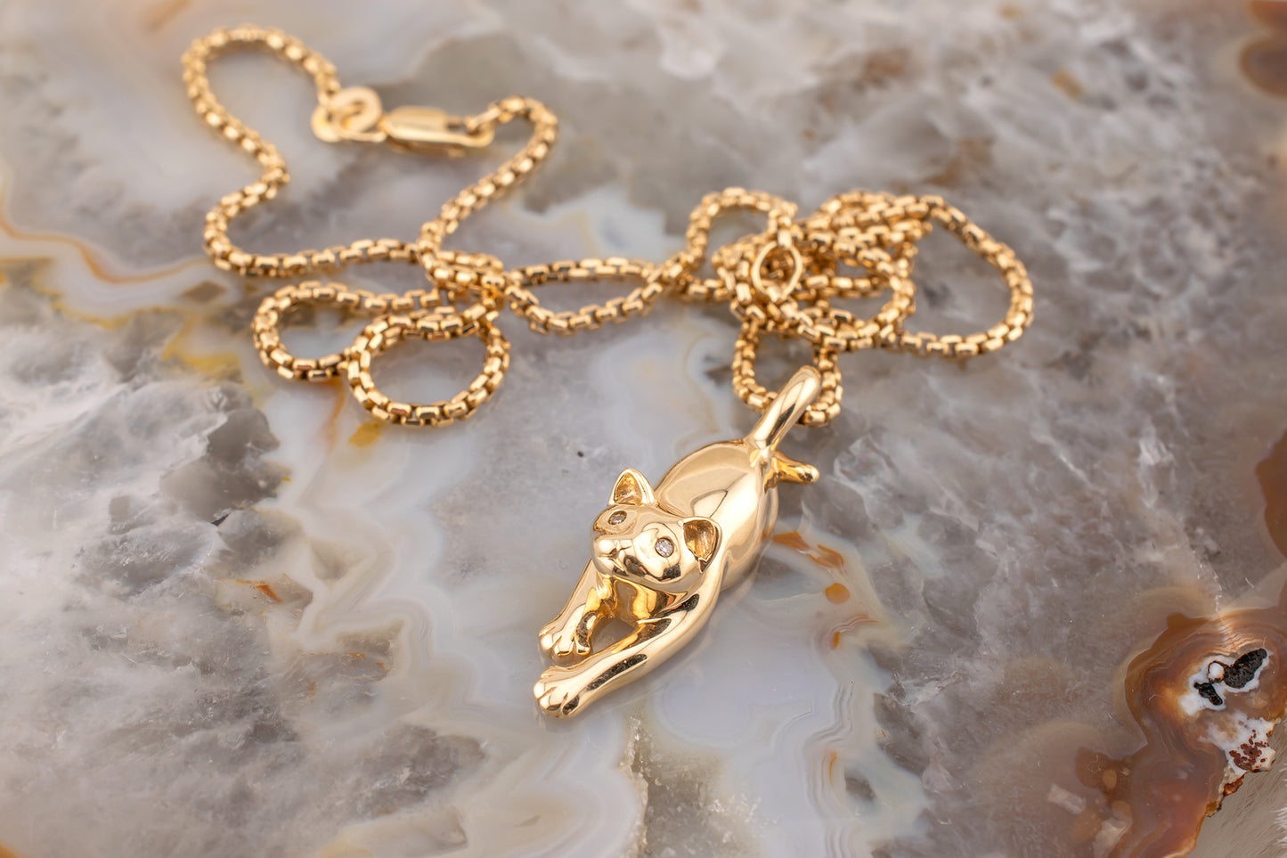Vintage Estate 14 Karat Yellow Gold Prowling Cat With 0.01 Carat Diamond Eyes Adjustable 1.7mm 18 Inch Round Box Chain
