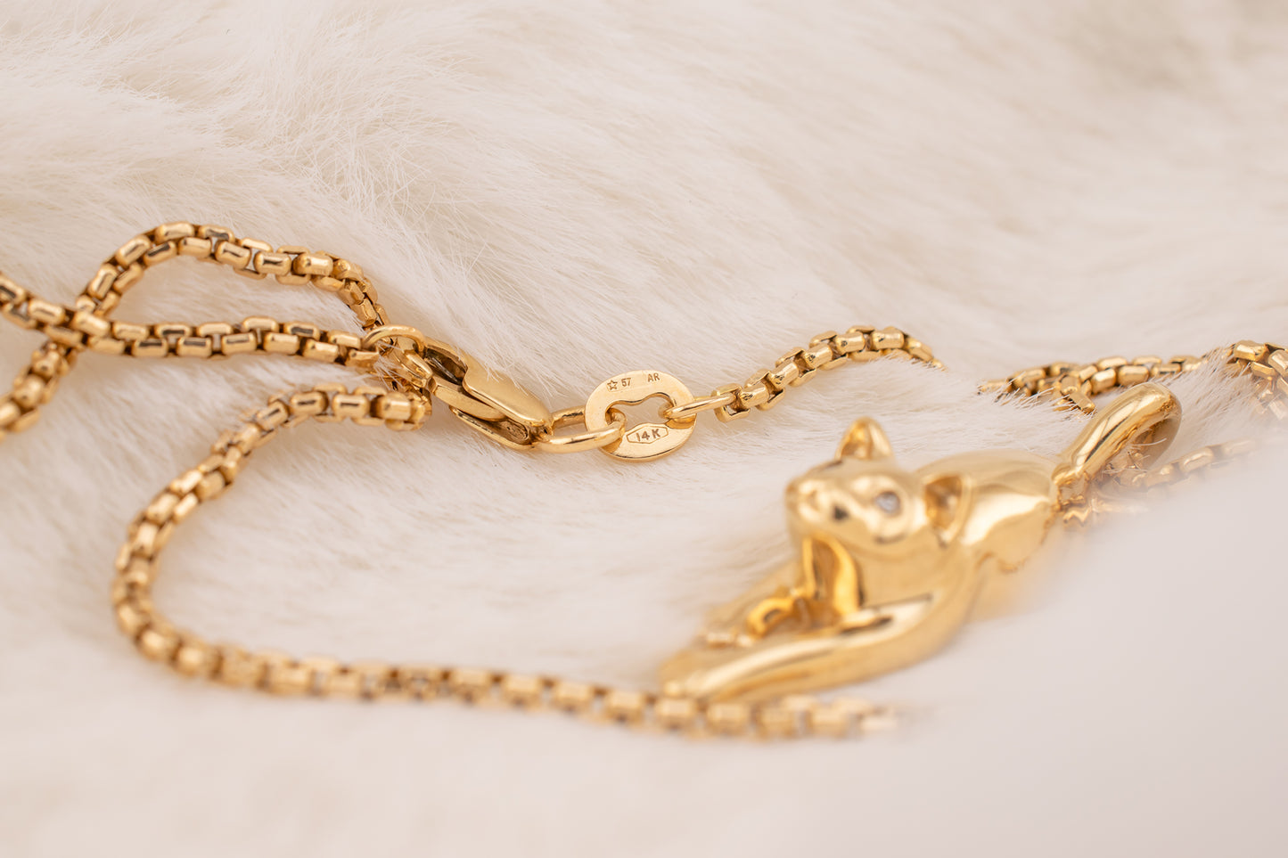 Vintage Estate 14 Karat Yellow Gold Prowling Cat With 0.01 Carat Diamond Eyes Adjustable 1.7mm 18 Inch Round Box Chain