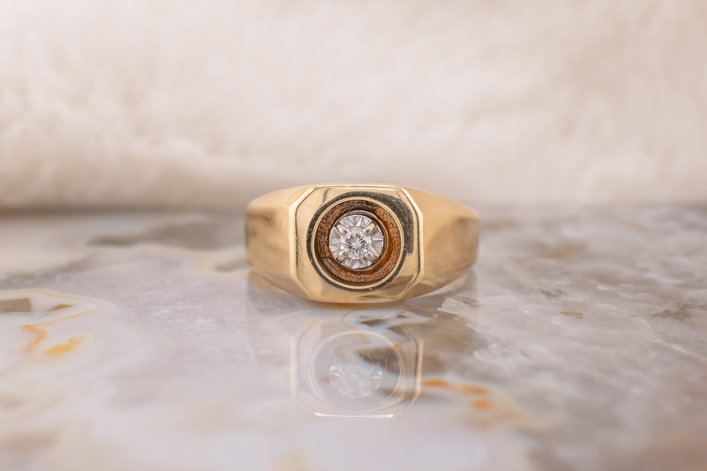 Circa 1980s Unisex Vintage 14 Karat Yellow Gold Illusion Set 0.07 Carat Round Brilliant cut Square Ring Size 8 1/4