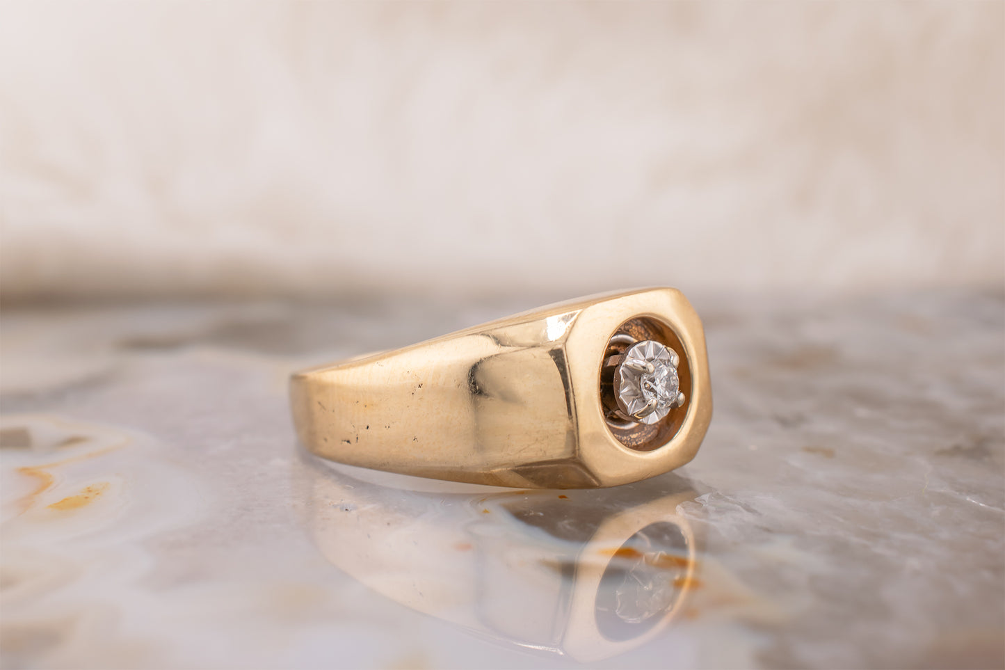 Circa 1980s Unisex Vintage 14 Karat Yellow Gold Illusion Set 0.07 Carat Round Brilliant cut Square Ring Size 8 1/4