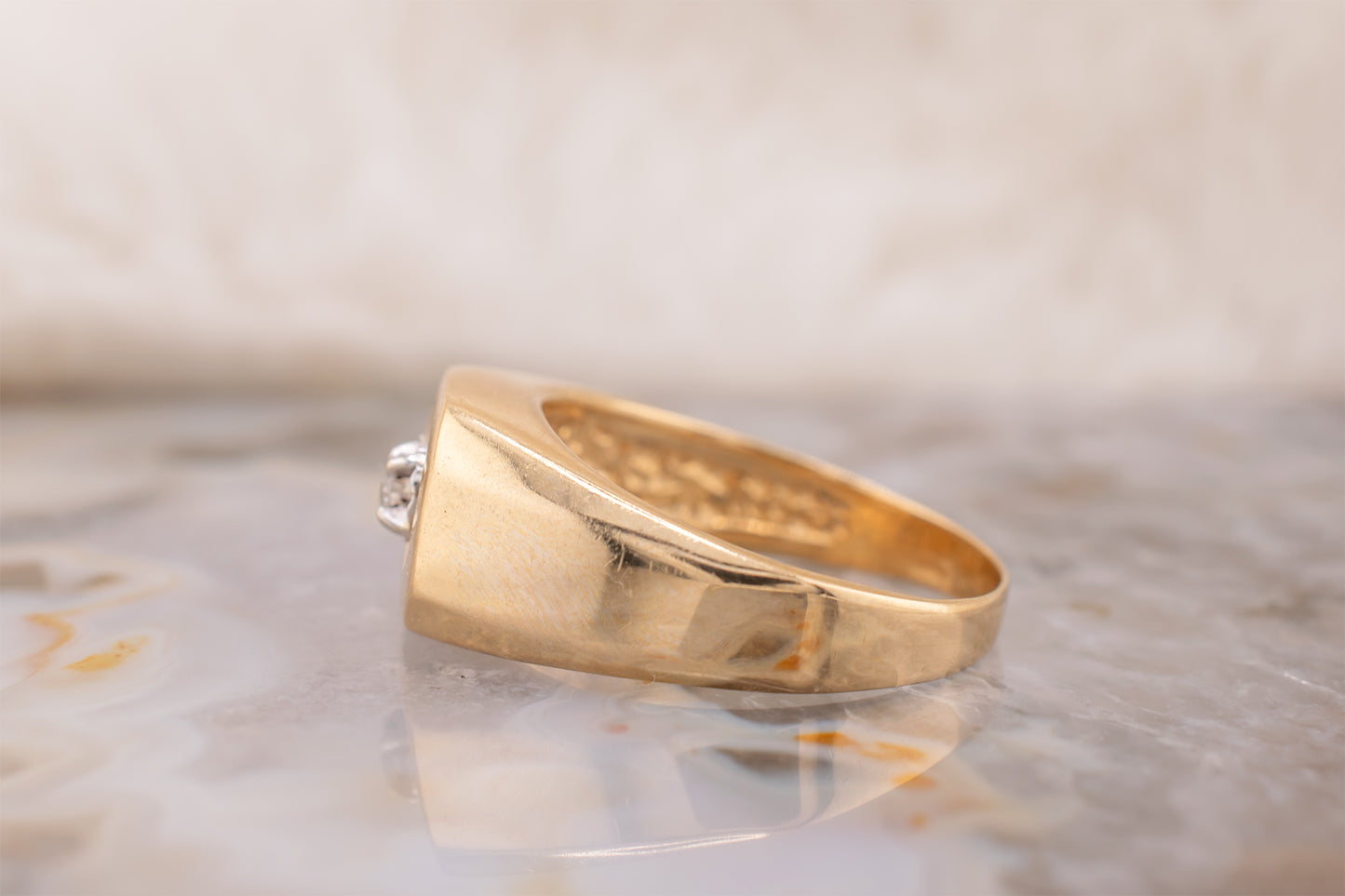 Circa 1980s Unisex Vintage 14 Karat Yellow Gold Illusion Set 0.07 Carat Round Brilliant cut Square Ring Size 8 1/4