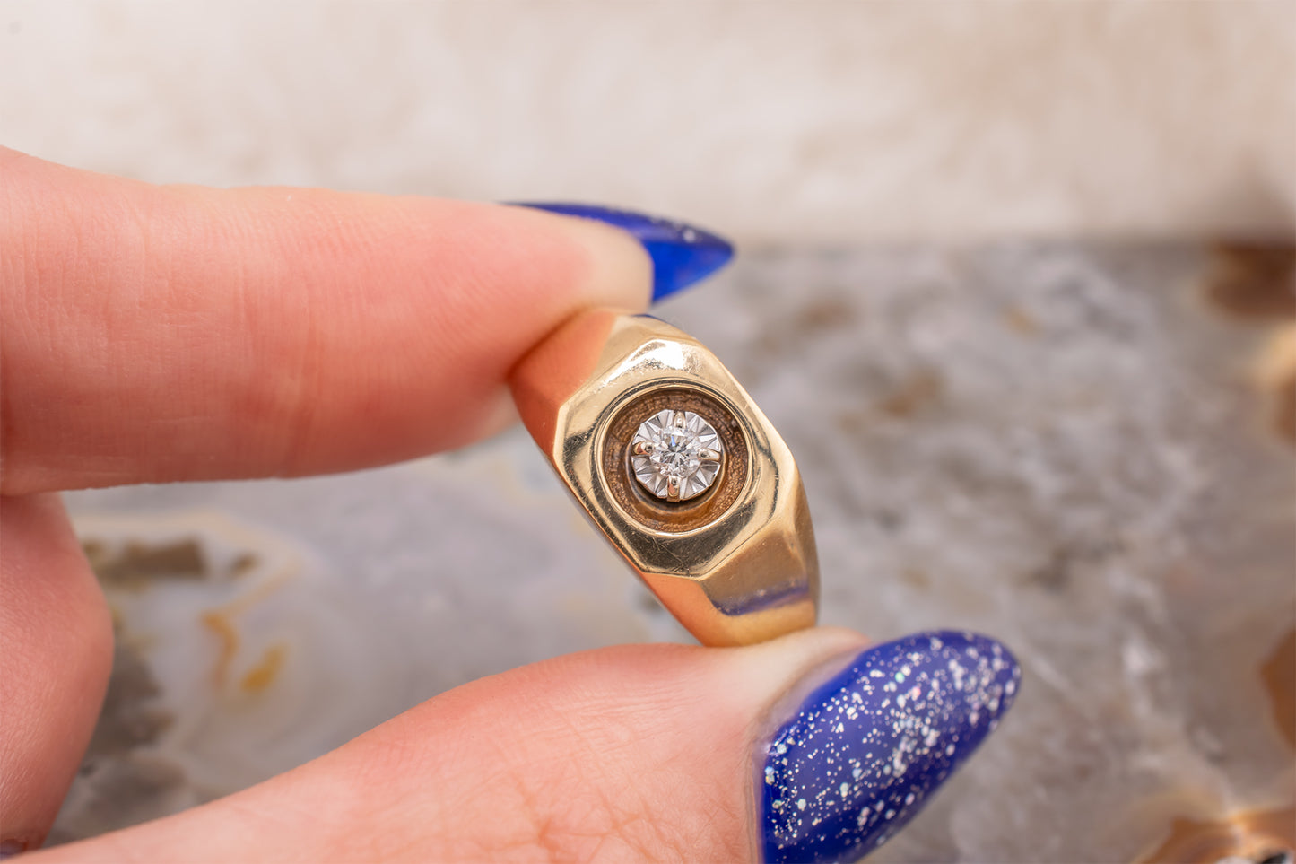 Circa 1980s Unisex Vintage 14 Karat Yellow Gold Illusion Set 0.07 Carat Round Brilliant cut Square Ring Size 8 1/4