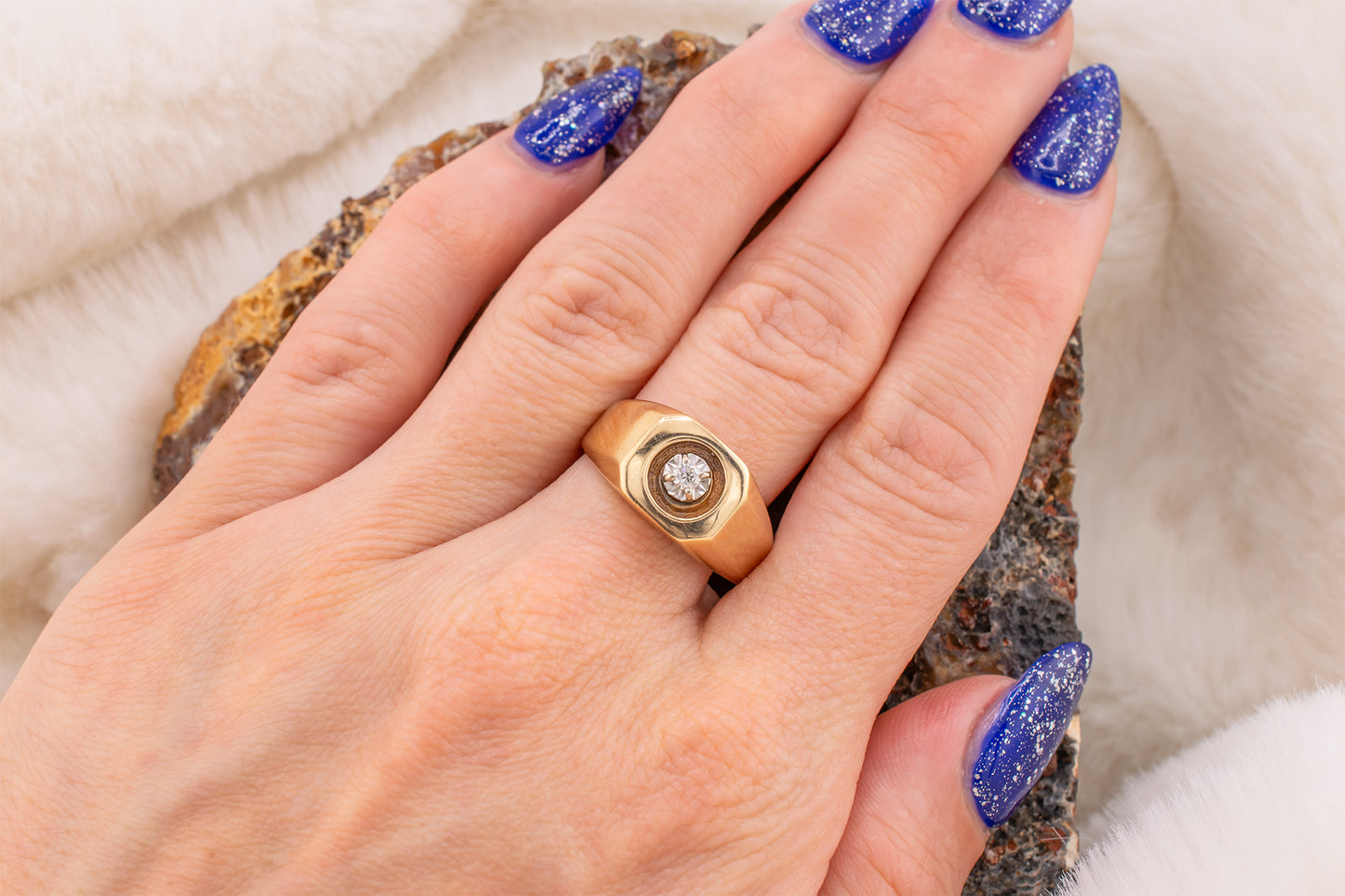 Circa 1980s Unisex Vintage 14 Karat Yellow Gold Illusion Set 0.07 Carat Round Brilliant cut Square Ring Size 8 1/4