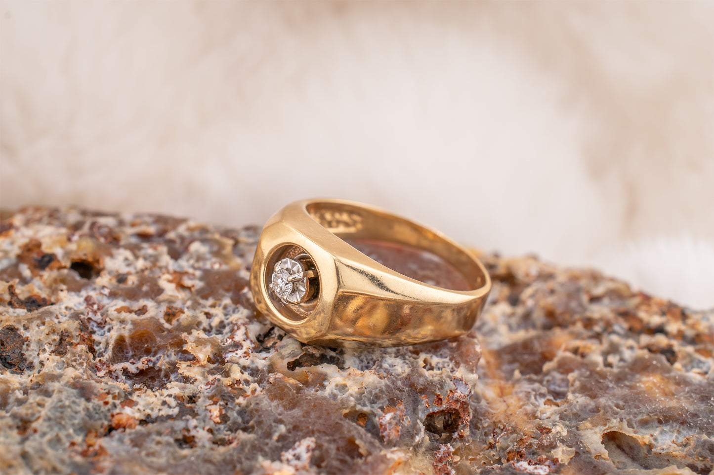 Circa 1980s Unisex Vintage 14 Karat Yellow Gold Illusion Set 0.07 Carat Round Brilliant cut Square Ring Size 8 1/4