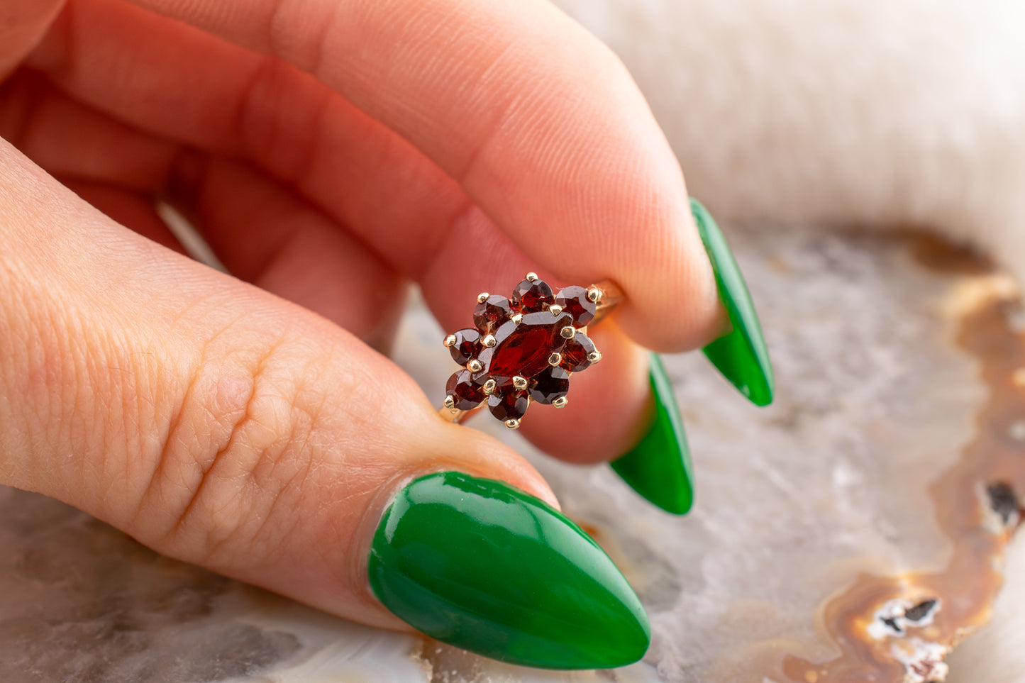 Circa 1990s Vintage 10 Karat Yellow Gold Marquise and Round Shape 1.21 Carat Garnet Small Ring Size 3.75