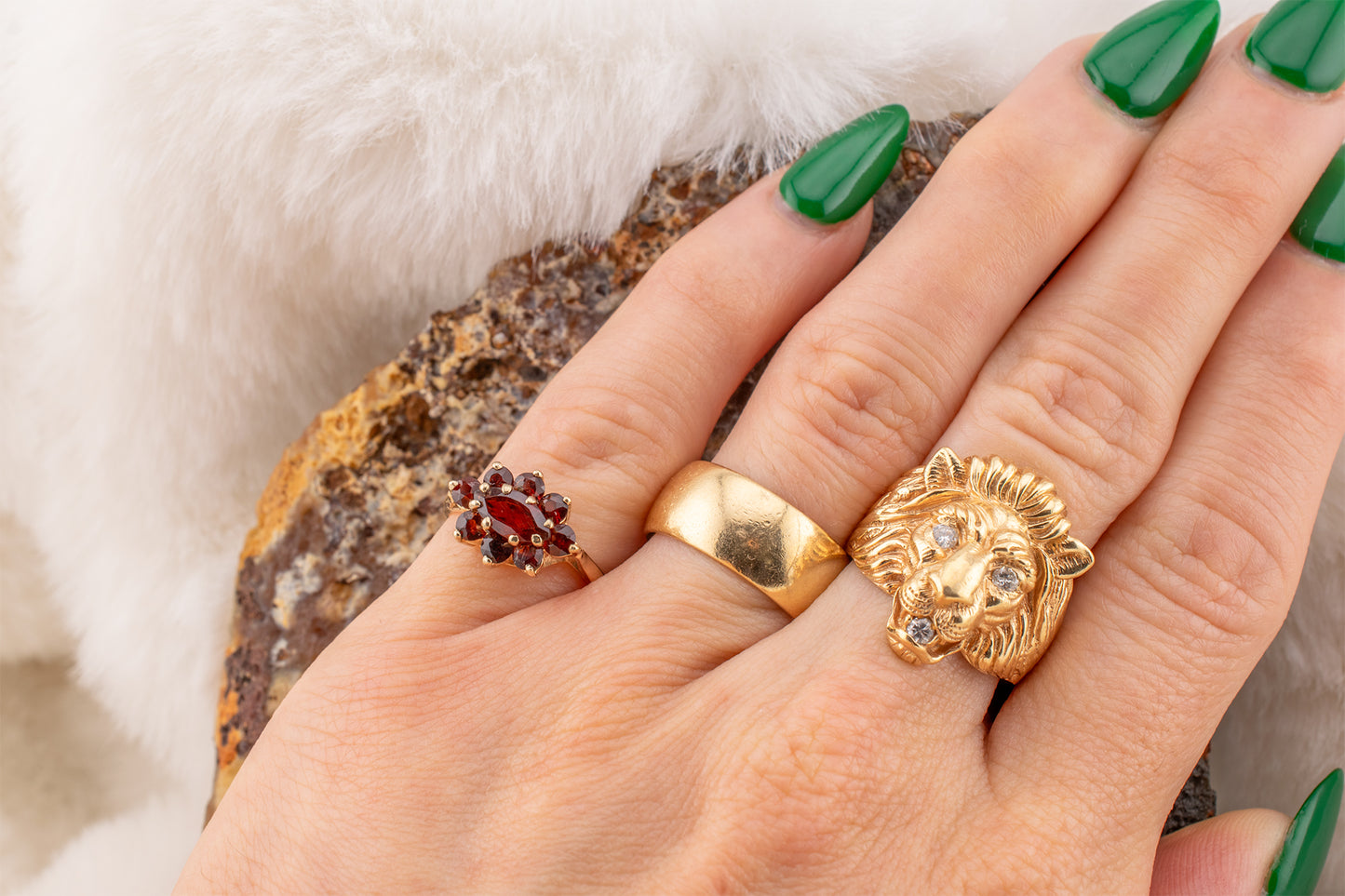 Circa 1990s Vintage 10 Karat Yellow Gold Marquise and Round Shape 1.21 Carat Garnet Small Ring Size 3.75