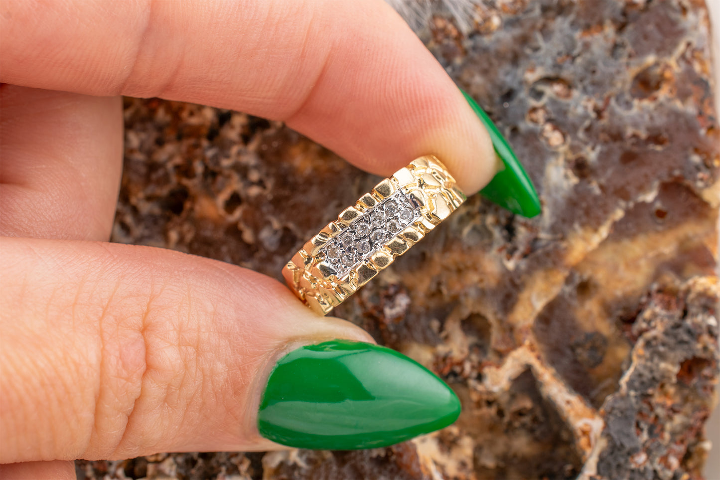 Circa 1990s Unisex Vintage 14 Karat Yellow Gold Nugget Style Round Brilliant 0.06ctw Diamond Ring 6.5mm Size 6