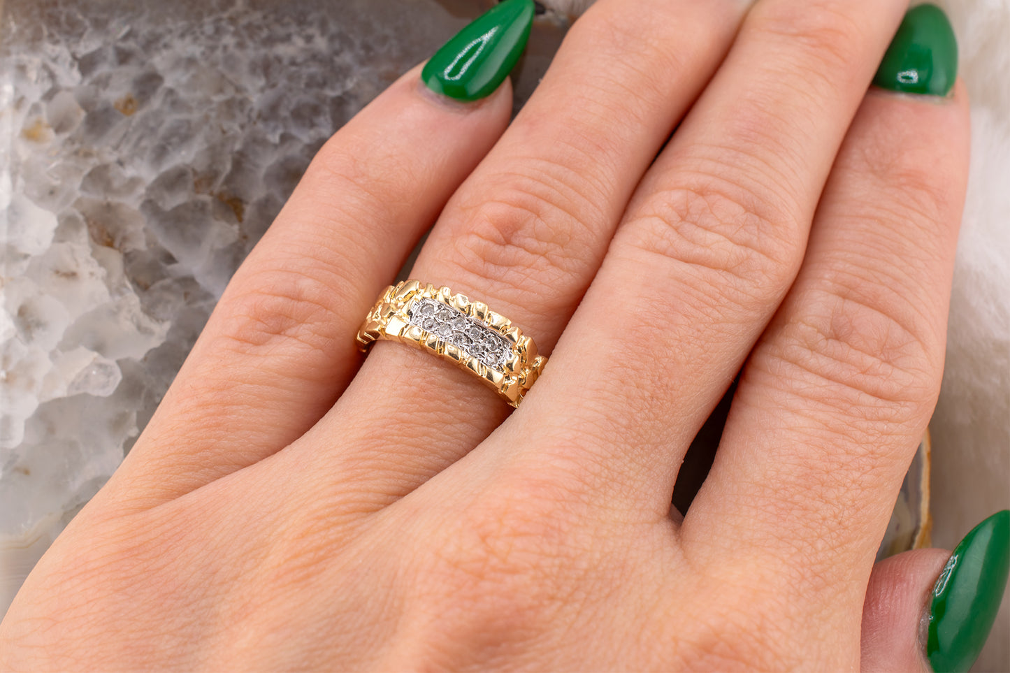 Circa 1990s Unisex Vintage 14 Karat Yellow Gold Nugget Style Round Brilliant 0.06ctw Diamond Ring 6.5mm Size 6