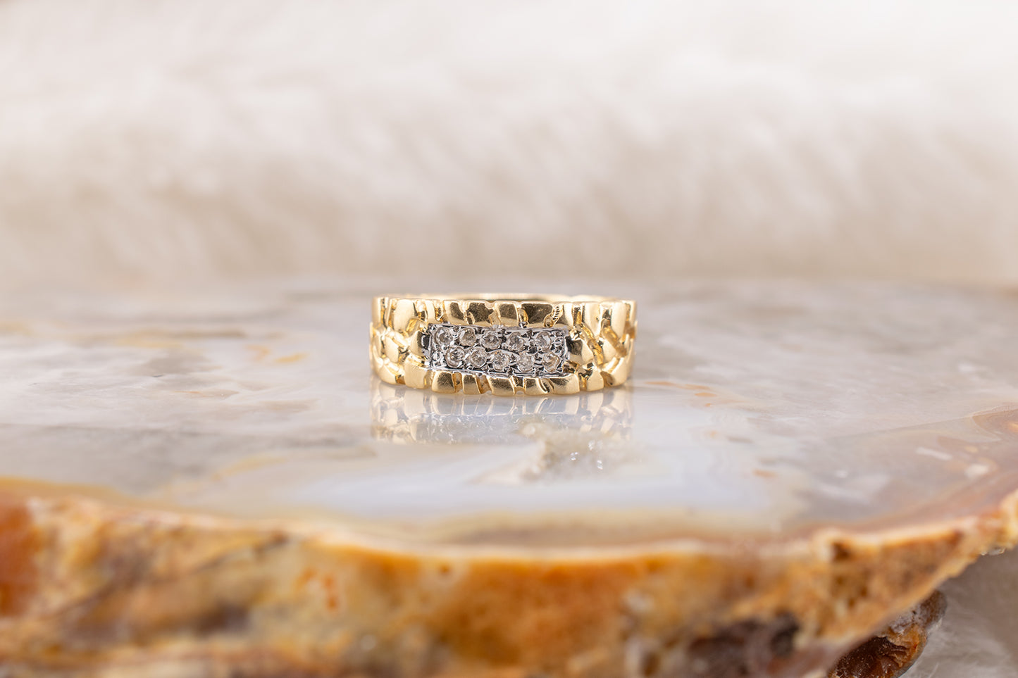 Circa 1990s Unisex Vintage 14 Karat Yellow Gold Nugget Style Round Brilliant 0.06ctw Diamond Ring 6.5mm Size 6