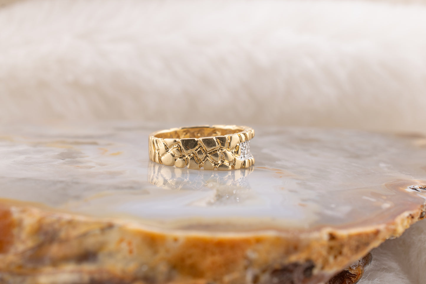 Circa 1990s Unisex Vintage 14 Karat Yellow Gold Nugget Style Round Brilliant 0.06ctw Diamond Ring 6.5mm Size 6