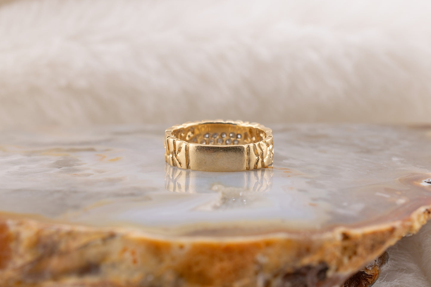 Circa 1990s Unisex Vintage 14 Karat Yellow Gold Nugget Style Round Brilliant 0.06ctw Diamond Ring 6.5mm Size 6